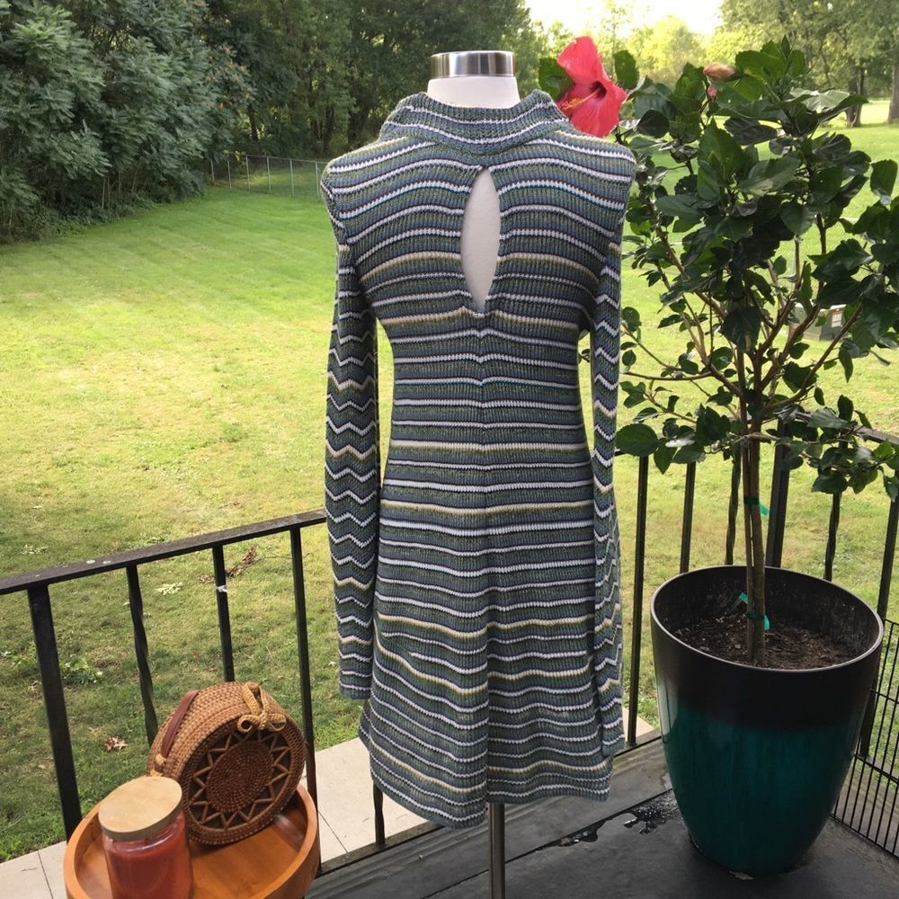 Free People ZigZag Chevron Knitted Multicolor Green Flare Sleeve Sweater Dress - Picture 3 of 10